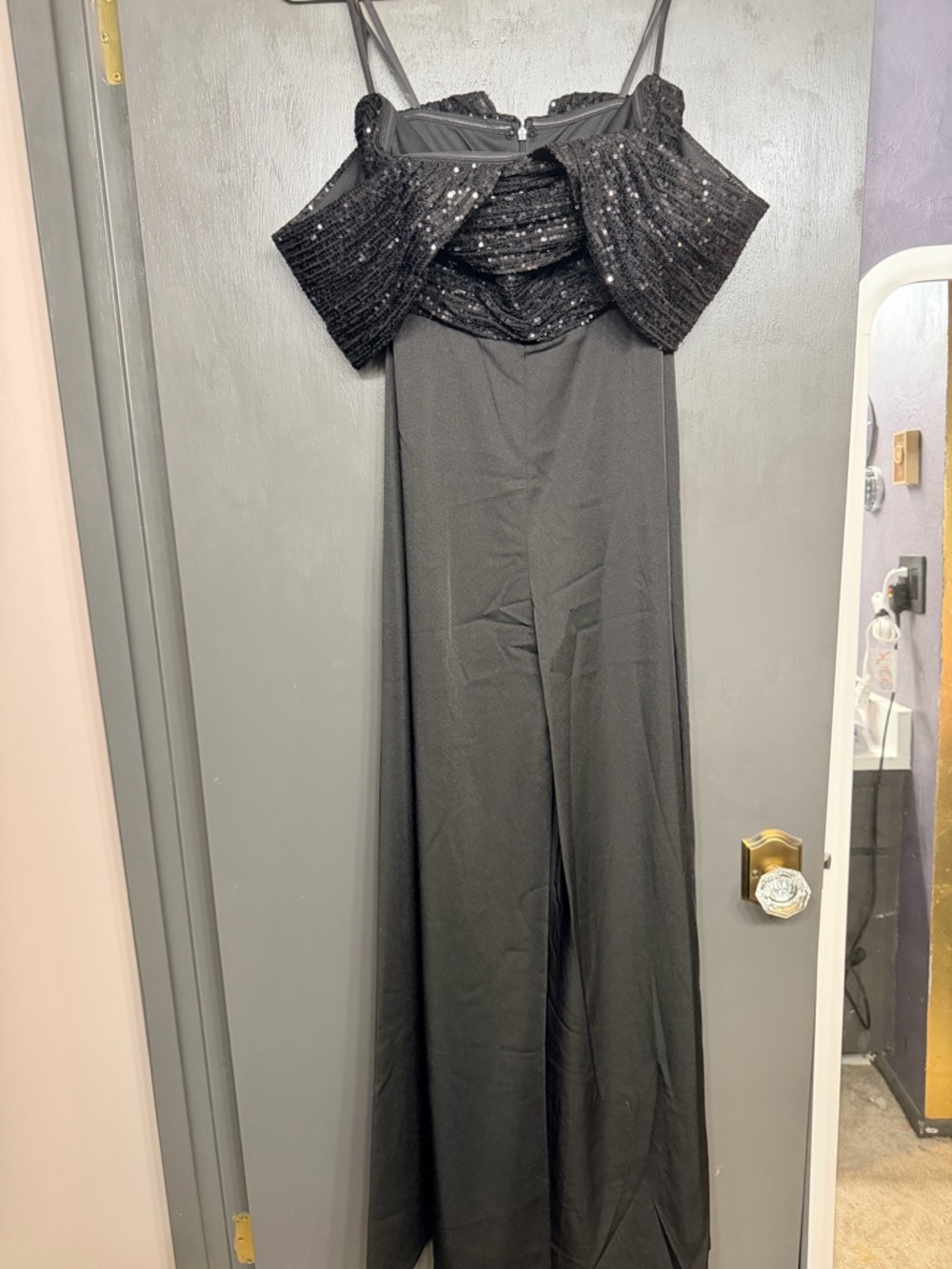 Mac Duggal Black Sequin Off-Shoulder Wide Leg Jumpsuit